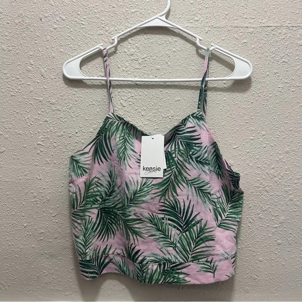 KENSIE Linen Blend Cropped Banana Leaf Sleevless Top NWT L